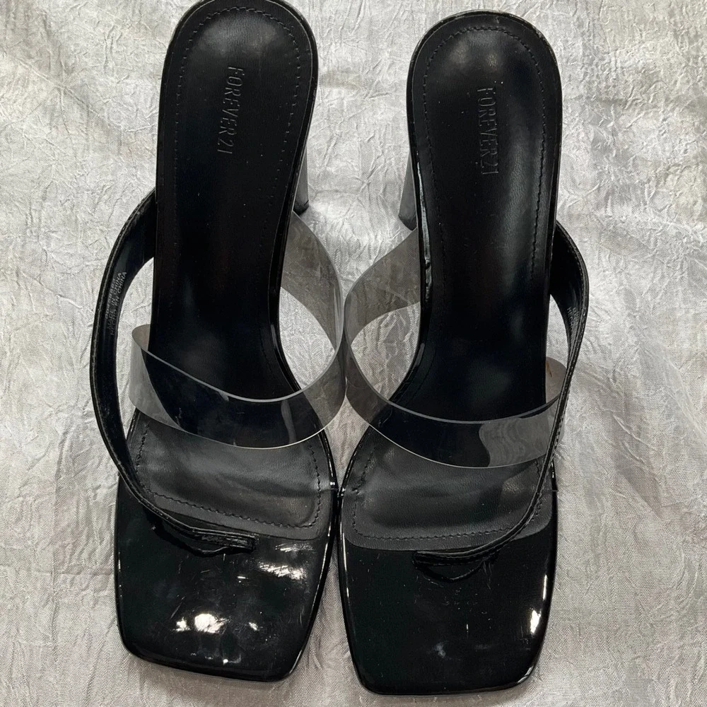 Forever 21 Black Patent Clear Strap Square Toe Thong Heel Mule Sandals Sz 10 Y2K